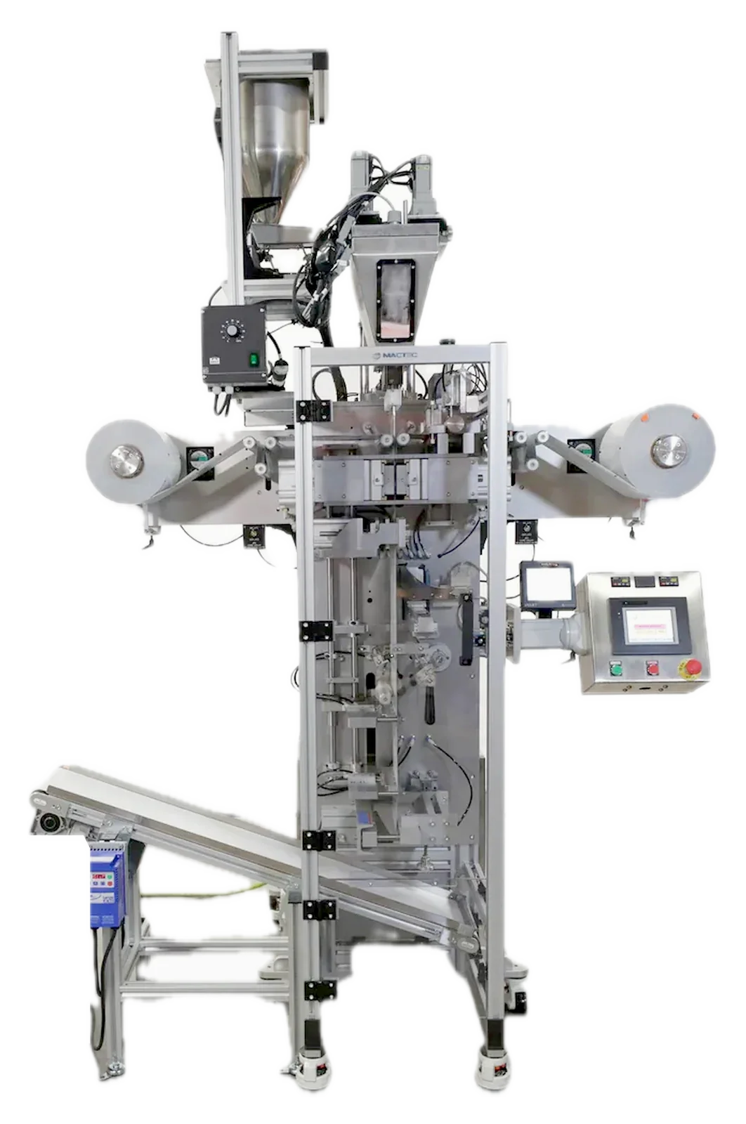 Mactec MTVP100 vertical sachet machine, photographed configuration